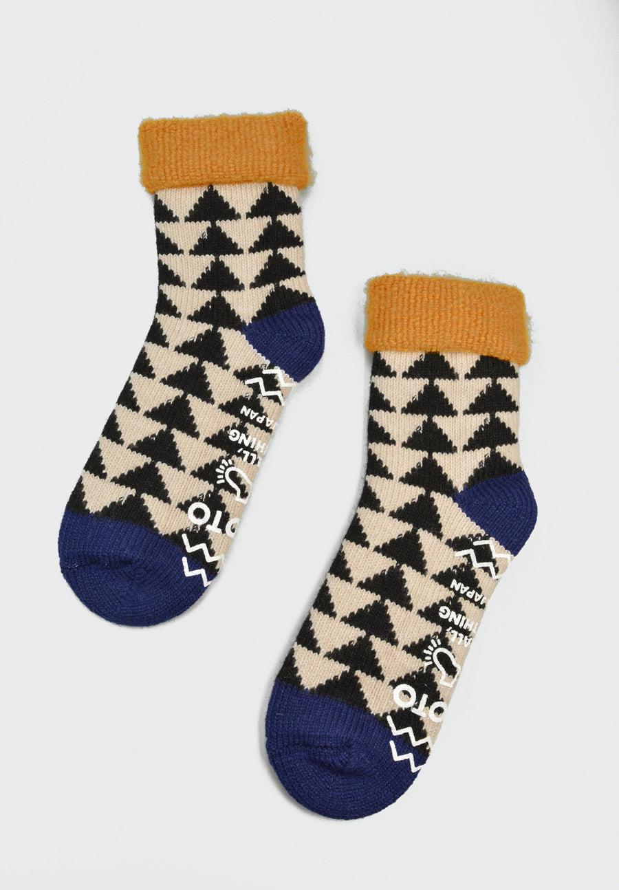 ROTOTO<p>sankaku comfy room socks<p>mix fabric<p>black/navy/gold