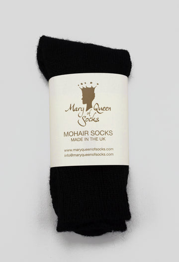 Mary Queen of Socks <p> Derbyshire walking<p>thick cosy mohair<p> black