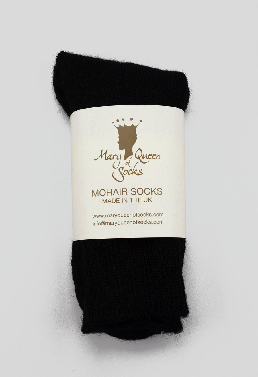 Mary Queen of Socks <p> Derbyshire walking<p>thick cosy mohair<p> black
