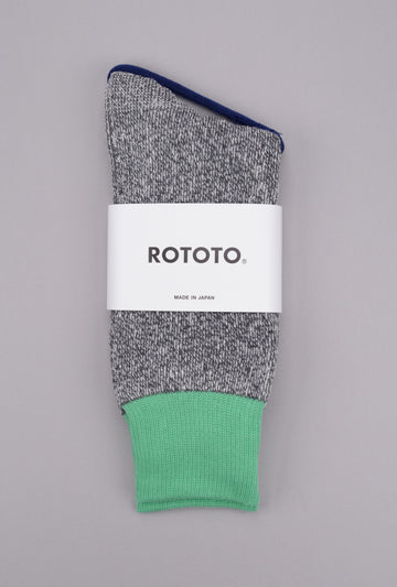 ROTOTO<p> double face crew socks<p> silk + cotton<p> dark grey/mint