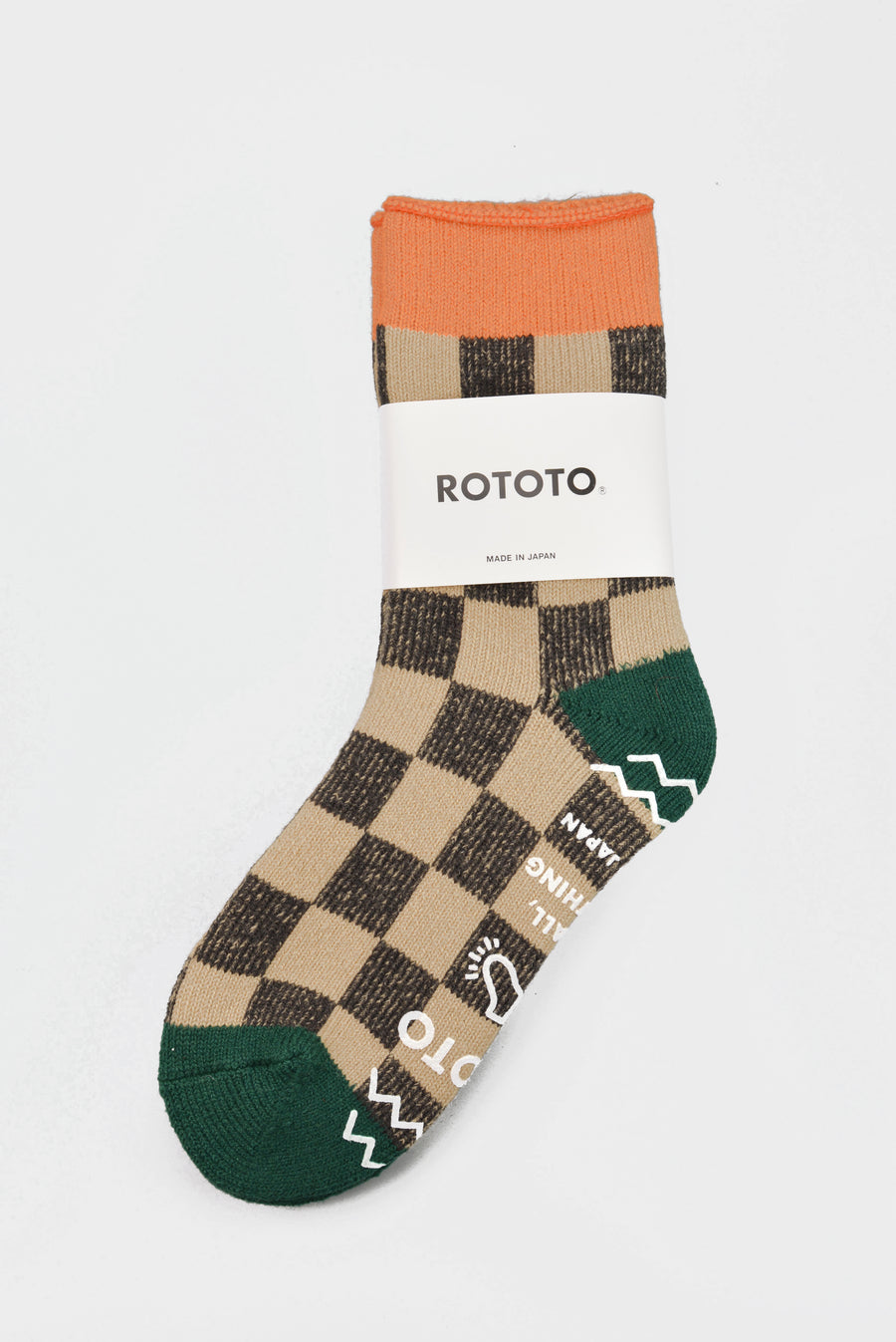 ROTOTO<p>pile checkerboard<p>mix fabric room socks<p>beige/dark green