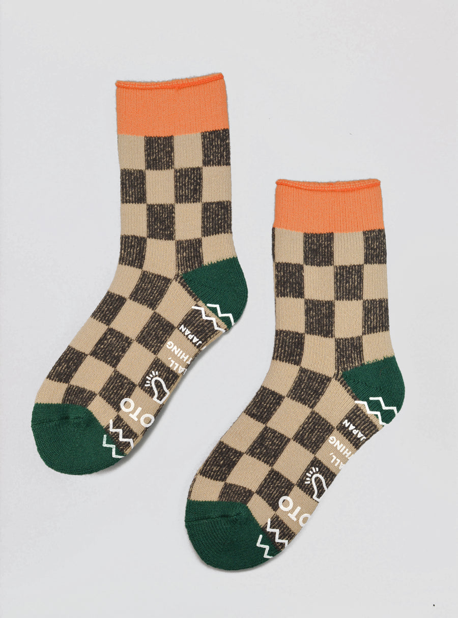 ROTOTO<p>pile checkerboard<p>mix fabric room socks<p>beige/dark green