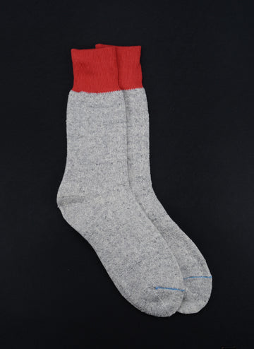 ROTOTO<p> double face crew socks<p> silk + cotton<p> light grey/red
