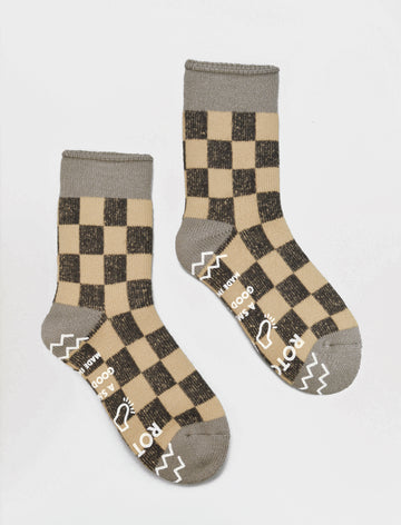 ROTOTO<p> pile checkerboard<p> mix fabric room socks<p>grey/beige