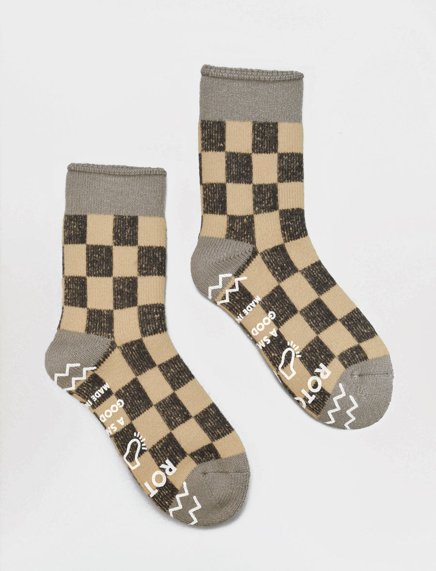 ROTOTO<p> pile checkerboard<p> mix fabric room socks<p>grey/beige