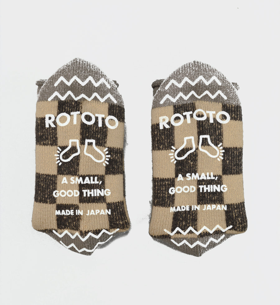 ROTOTO<p> pile checkerboard<p> mix fabric room socks<p>grey/beige
