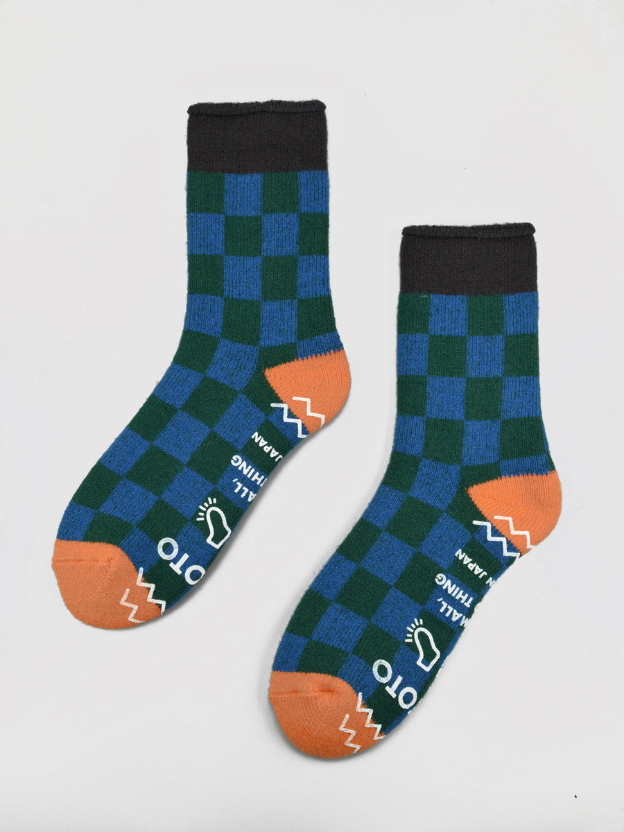 ROTOTO<p>pile checkerboard<p>mix fabric room socks<p>blue/green