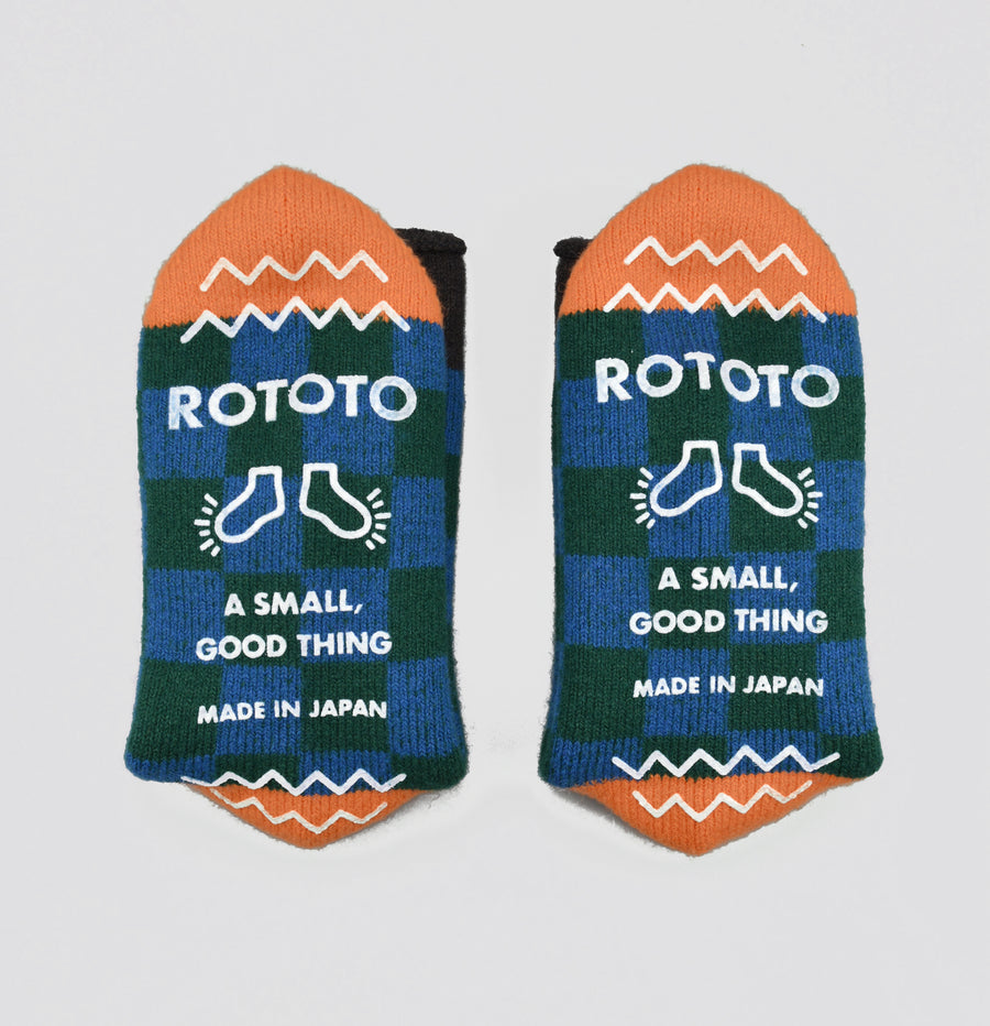 ROTOTO<p>pile checkerboard<p>mix fabric room socks<p>blue/green