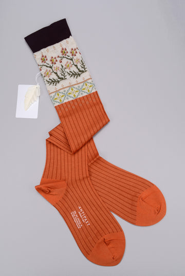 Antipast<p> floral mosaic<p>cotton + wool knee sock<p>orange