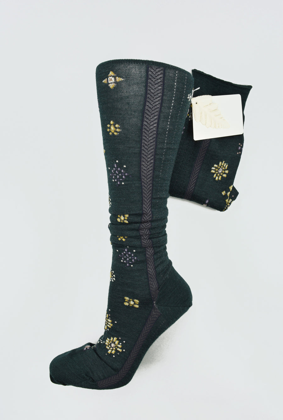 Antipast<p>like a jewelry<p>wool knee high sock<p>dark green