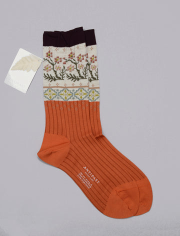 Antipast<p> floral mosaic<p>cotton + wool crew sock<p>orange