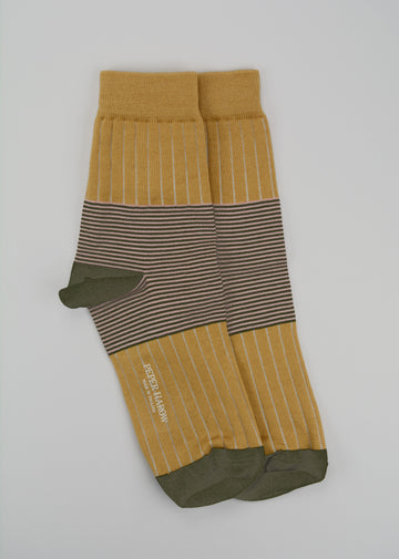 Peper Harow<p>oxford stripe<p>women's cotton crew socks<p>mustard