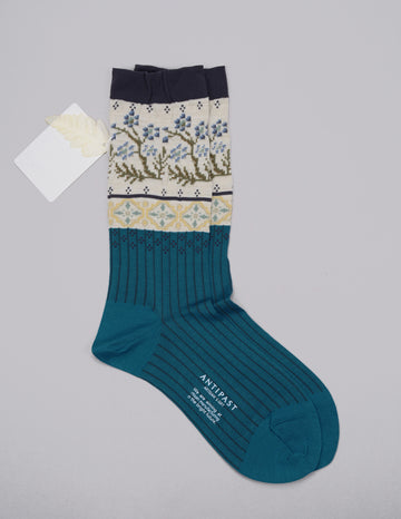 Antipast<p> floral mosaic<p>cotton + wool crew sock<p>blue