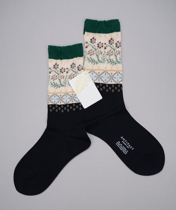 Antipast<p> floral mosaic<p>cotton + wool crew sock<p>black
