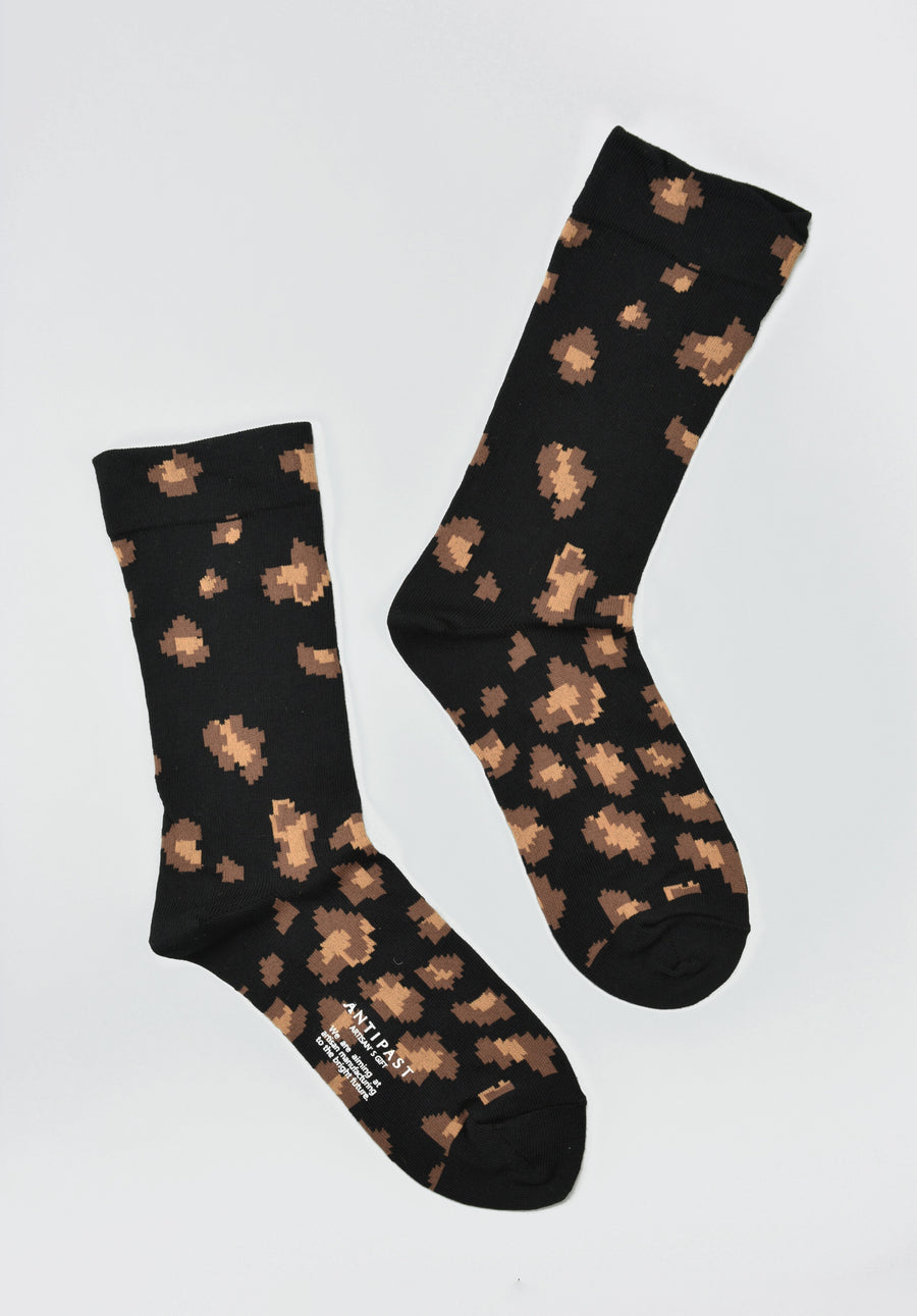 Antipast<p>leopard<p>cotton crew sock<p>black