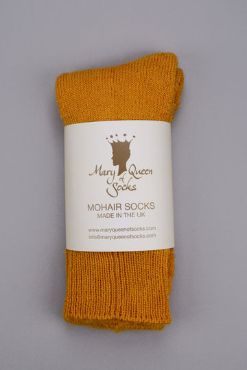 Mary Queen of Socks<p> Derbyshire <p>thick cosy mohair<p> mustard