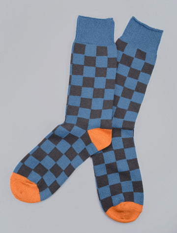ROTOTO<p>checkerboard crew cotton socks<p>blue/grey
