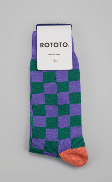 ROTOTO<p>checkerboard crew cotton socks<p>purple/green