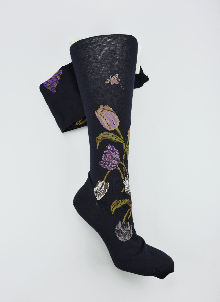 Antipast<p>bouquet tulip<p>wool knee high sock<p>navy