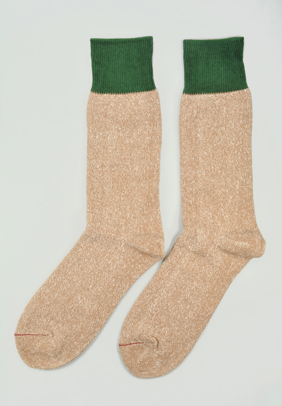 ROTOTO<p> double face crew socks<p> silk + cotton<p> beige/dark green