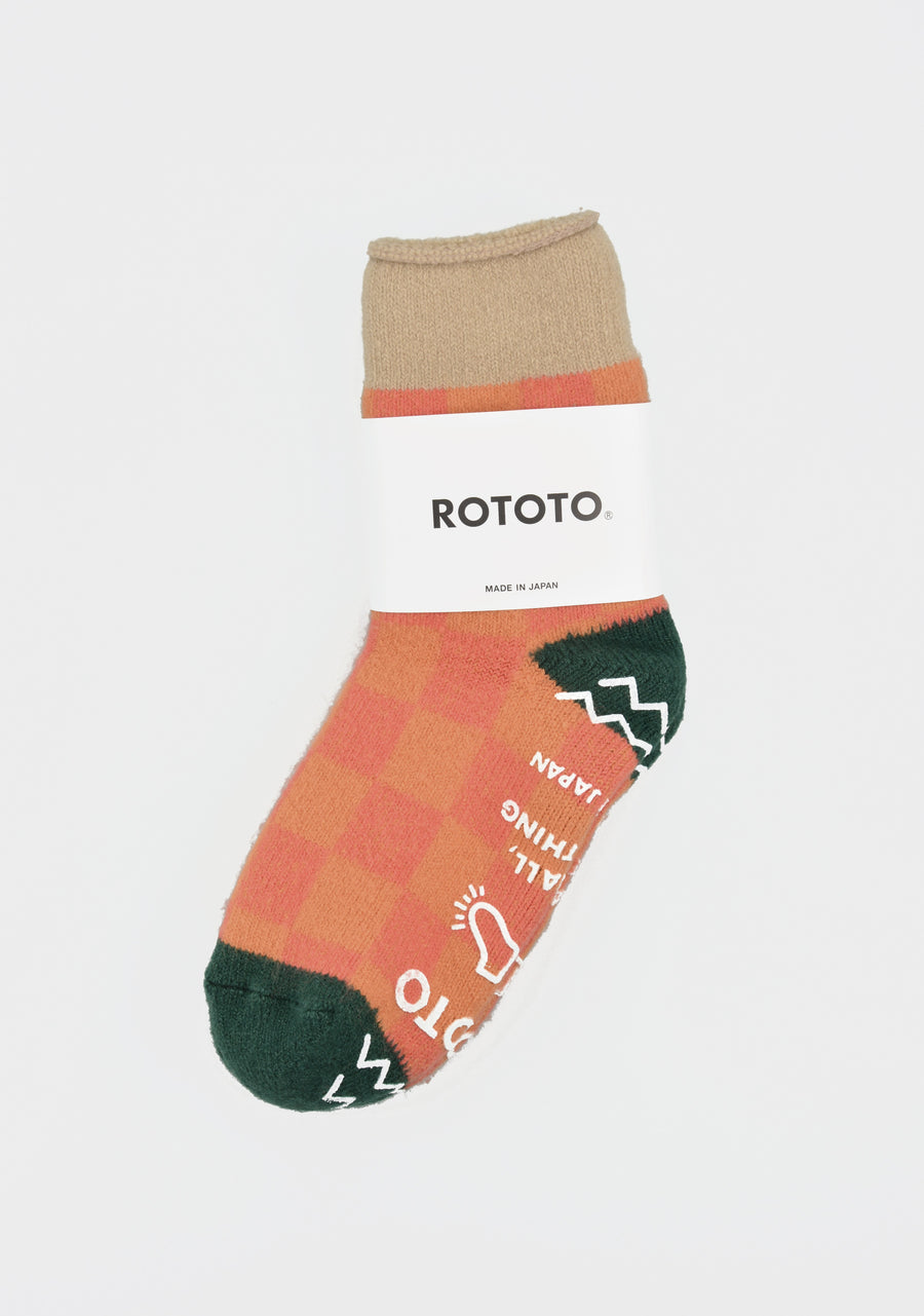 ROTOTO<p> pile checkerboard<p> mix fabric room socks<p>orange/green/beige