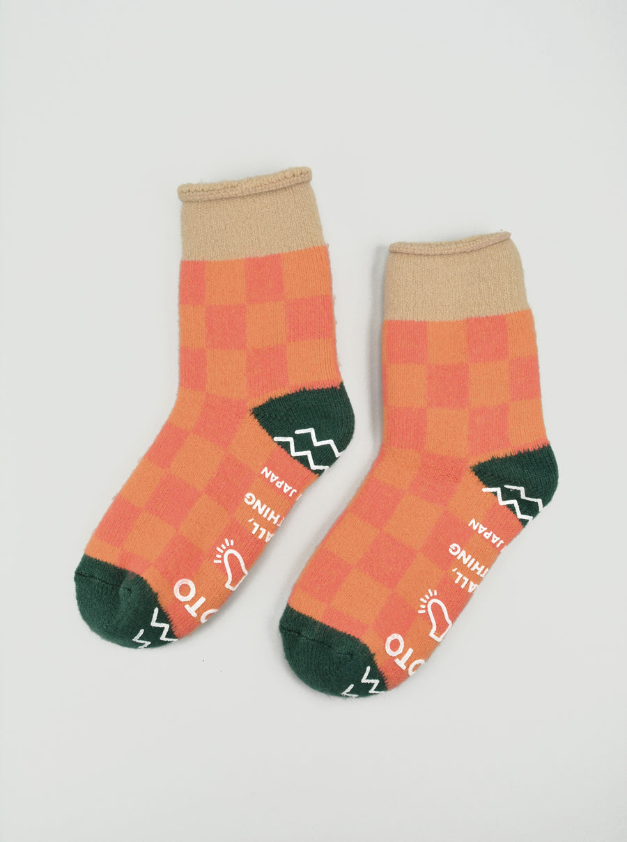 ROTOTO<p> pile checkerboard<p> mix fabric room socks<p>orange/green/beige