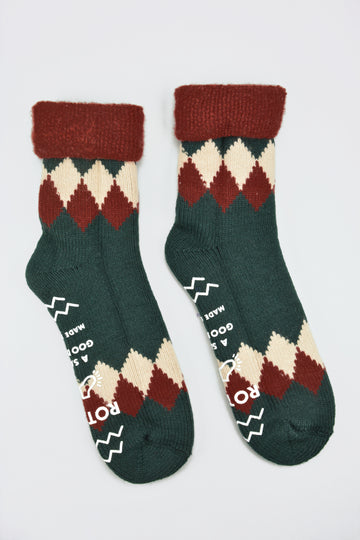 ROTOTO<p>diamond comfy room socks<p>mix fabric<p>dark green/dark red