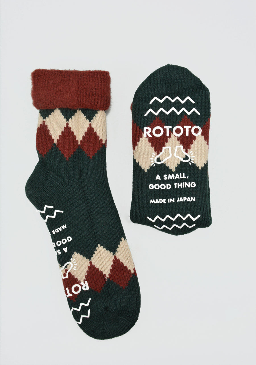 ROTOTO<p>diamond comfy room socks<p>mix fabric<p>dark green/dark red