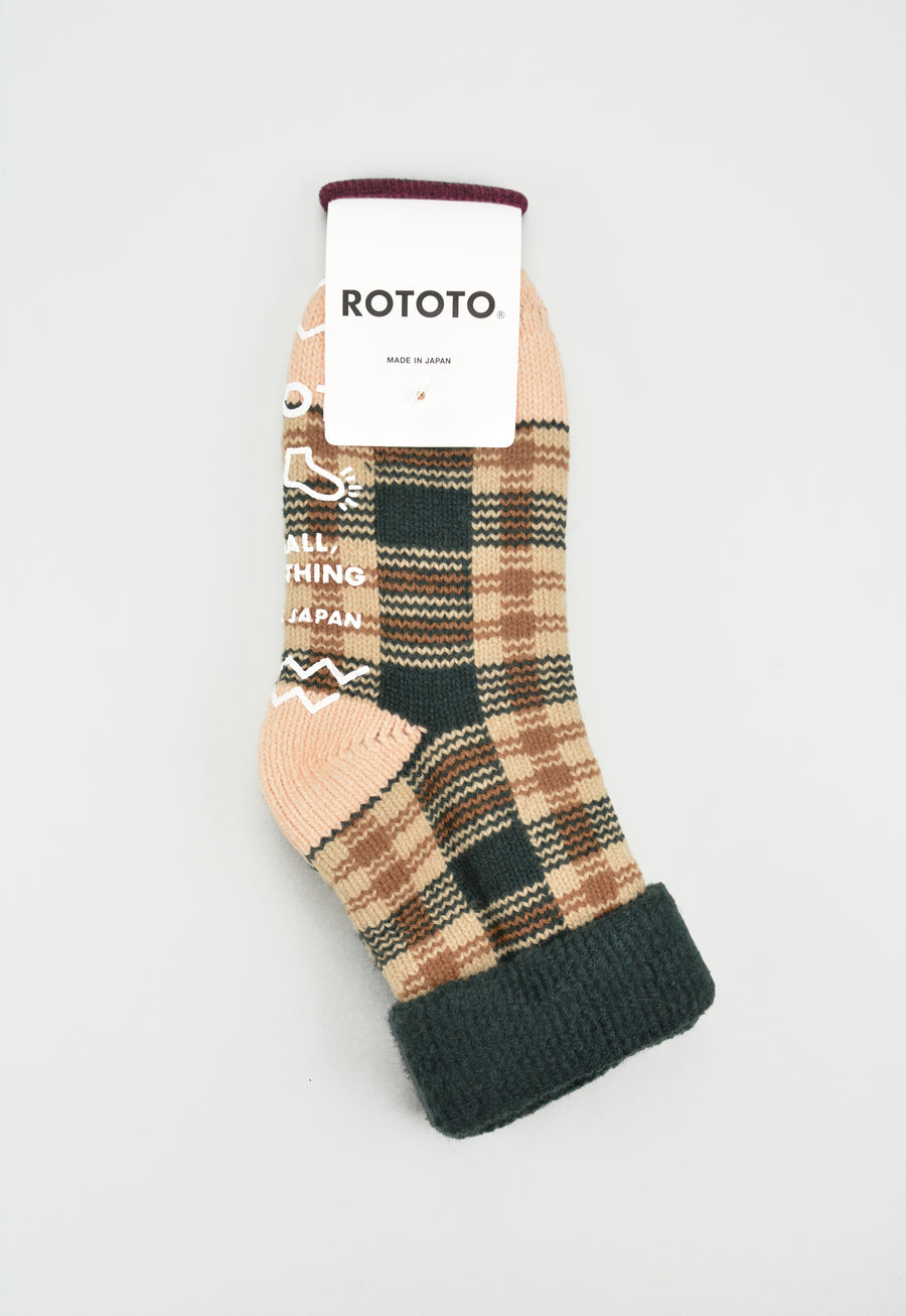 ROTOTO<p>check comfy room socks<p>mix fabric<p>forest green/beige