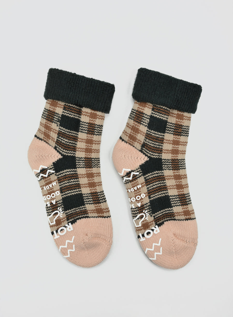 ROTOTO<p>check comfy room socks<p>mix fabric<p>forest green/beige