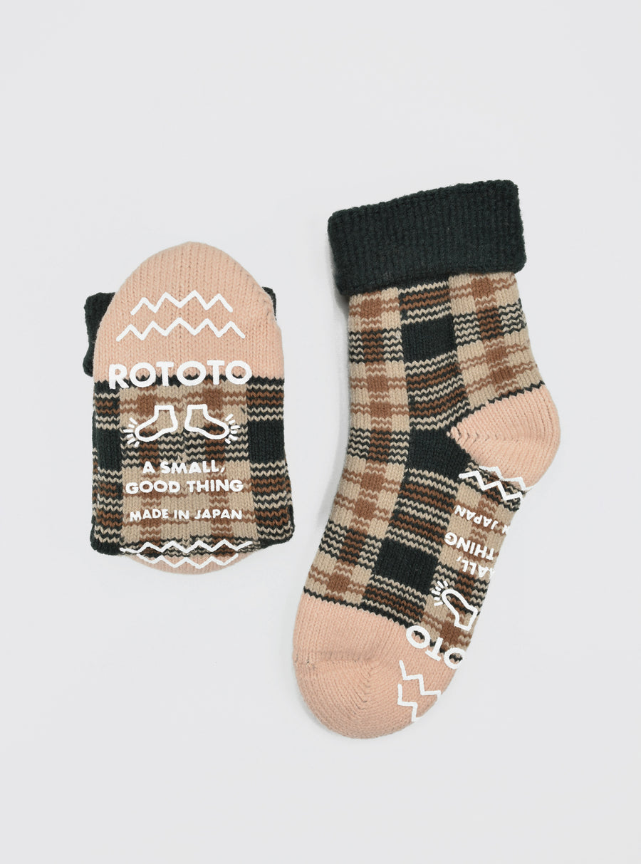 ROTOTO<p>check comfy room socks<p>mix fabric<p>forest green/beige
