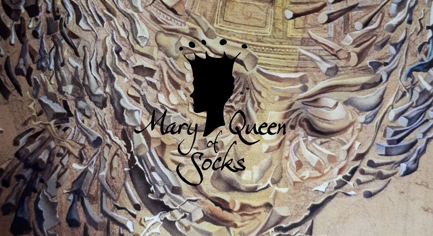 logo of Mary Queen of Socks head and title with surreal image behind